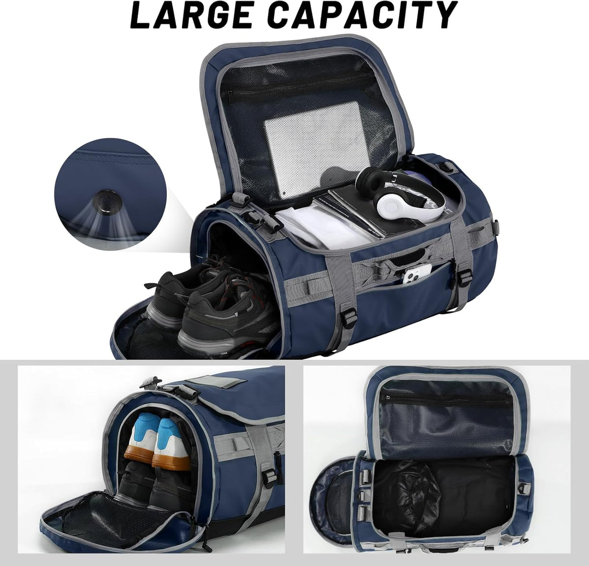 Large Duffle Bag Backpack for Travel Camping Gym Sports, 45L/60L/90L | Water Resistant, Convertible Duffel, Detachable Backpack Straps, Shoe Compartment, Heavy-Duty Tarpaulin, 3 Sizes