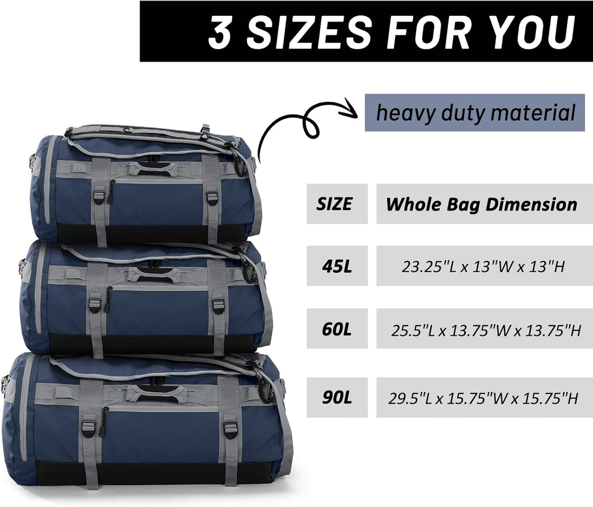 Large Duffle Bag Backpack for Travel Camping Gym Sports, 45L/60L/90L | Water Resistant, Convertible Duffel, Detachable Backpack Straps, Shoe Compartment, Heavy-Duty Tarpaulin, 3 Sizes