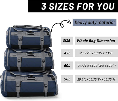 Large Duffle Bag Backpack for Travel Camping Gym Sports, 45L/60L/90L | Water Resistant, Convertible Duffel, Detachable Backpack Straps, Shoe Compartment, Heavy-Duty Tarpaulin, 3 Sizes