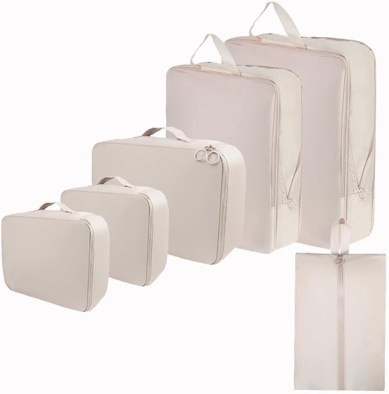 6 Set Compression Packing Cubes for Travel, Compressible, Lightweight, Space-Saving Luggage Organizer Bags for Organizing Clothes Shoes, Travel Accessories, Beige