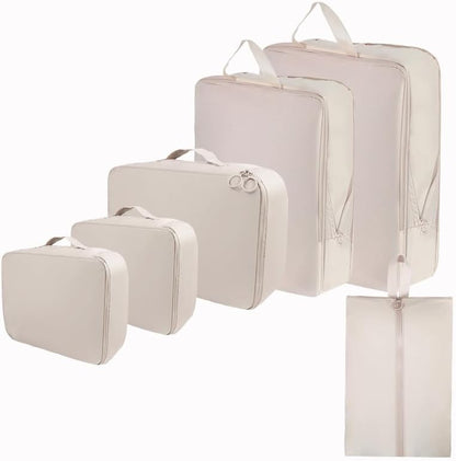 6 Set Compression Packing Cubes for Travel, Compressible, Lightweight, Space-Saving Luggage Organizer Bags for Organizing Clothes Shoes, Travel Accessories, Beige