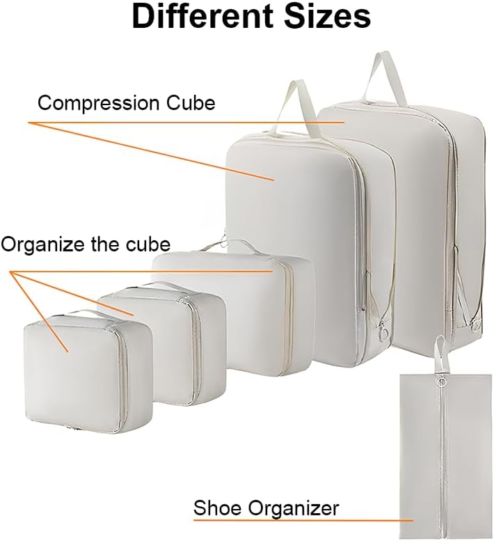 6 Set Compression Packing Cubes for Travel, Compressible, Lightweight, Space-Saving Luggage Organizer Bags for Organizing Clothes Shoes, Travel Accessories, Beige