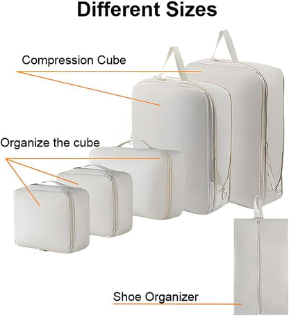 6 Set Compression Packing Cubes for Travel, Compressible, Lightweight, Space-Saving Luggage Organizer Bags for Organizing Clothes Shoes, Travel Accessories, Beige