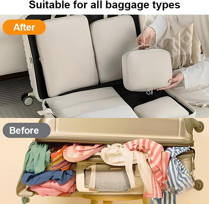 6 Set Compression Packing Cubes for Travel, Compressible, Lightweight, Space-Saving Luggage Organizer Bags for Organizing Clothes Shoes, Travel Accessories, Beige