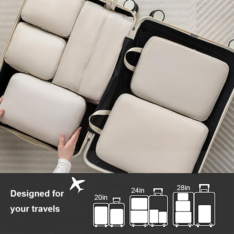 6 Set Compression Packing Cubes for Travel, Compressible, Lightweight, Space-Saving Luggage Organizer Bags for Organizing Clothes Shoes, Travel Accessories, Beige