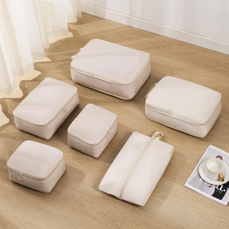6 Set Compression Packing Cubes for Travel, Compressible, Lightweight, Space-Saving Luggage Organizer Bags for Organizing Clothes Shoes, Travel Accessories, Beige