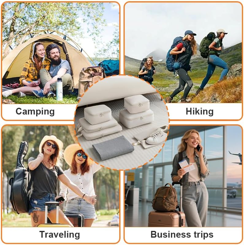 6 Set Compression Packing Cubes for Travel, Compressible, Lightweight, Space-Saving Luggage Organizer Bags for Organizing Clothes Shoes, Travel Accessories, Beige