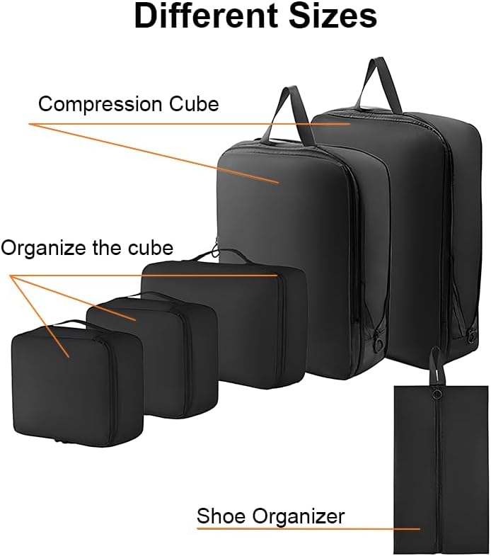 6 Set Compression Packing Cubes for Travel, Compressible, Lightweight, Space-Saving Luggage Organizer Bags for Organizing Clothes Shoes, Travel Accessories, Beige