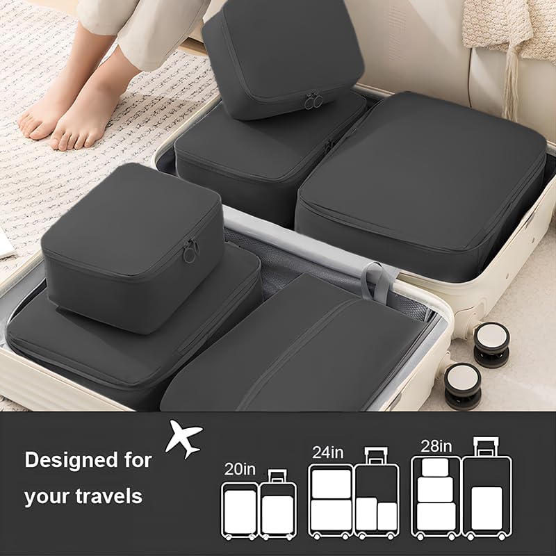 6 Set Compression Packing Cubes for Travel, Compressible, Lightweight, Space-Saving Luggage Organizer Bags for Organizing Clothes Shoes, Travel Accessories, Beige