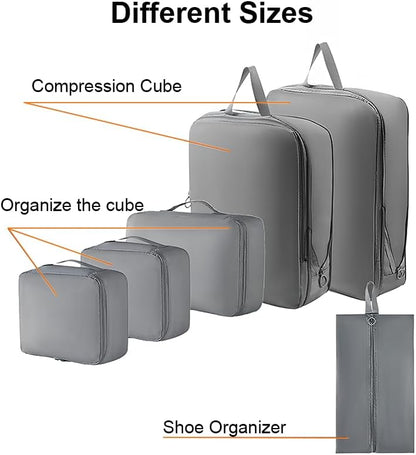 6 Set Compression Packing Cubes for Travel, Compressible, Lightweight, Space-Saving Luggage Organizer Bags for Organizing Clothes Shoes, Travel Accessories, Beige