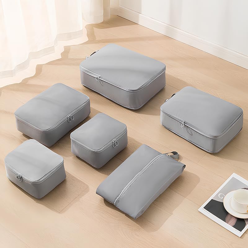 6 Set Compression Packing Cubes for Travel, Compressible, Lightweight, Space-Saving Luggage Organizer Bags for Organizing Clothes Shoes, Travel Accessories, Beige