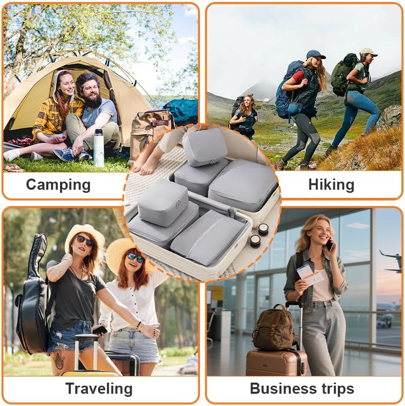 6 Set Compression Packing Cubes for Travel, Compressible, Lightweight, Space-Saving Luggage Organizer Bags for Organizing Clothes Shoes, Travel Accessories, Beige