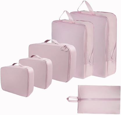 6 Set Compression Packing Cubes for Travel, Compressible, Lightweight, Space-Saving Luggage Organizer Bags for Organizing Clothes Shoes, Travel Accessories, Beige