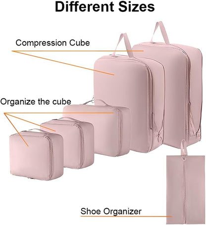 6 Set Compression Packing Cubes for Travel, Compressible, Lightweight, Space-Saving Luggage Organizer Bags for Organizing Clothes Shoes, Travel Accessories, Beige