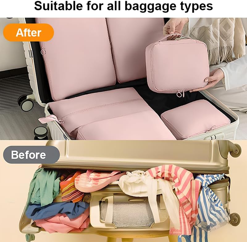 6 Set Compression Packing Cubes for Travel, Compressible, Lightweight, Space-Saving Luggage Organizer Bags for Organizing Clothes Shoes, Travel Accessories, Beige