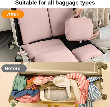 6 Set Compression Packing Cubes for Travel, Compressible, Lightweight, Space-Saving Luggage Organizer Bags for Organizing Clothes Shoes, Travel Accessories, Beige
