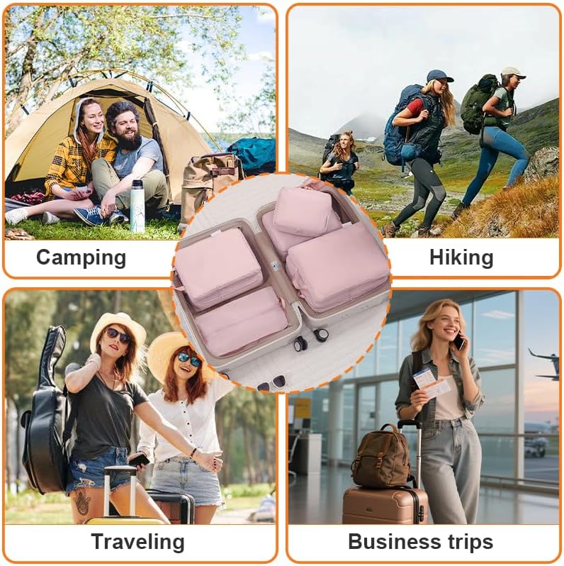 6 Set Compression Packing Cubes for Travel, Compressible, Lightweight, Space-Saving Luggage Organizer Bags for Organizing Clothes Shoes, Travel Accessories, Beige