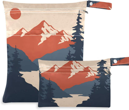 2pcs Setting Sun Mountain Wet Dry Bags,Waterproof Reusable Cloth Diaper Wet Dry Bags for Travel,Diapers,Dirty Gym Clothes and Toiletries