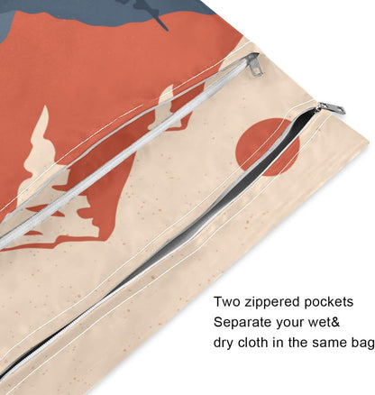 2pcs Setting Sun Mountain Wet Dry Bags,Waterproof Reusable Cloth Diaper Wet Dry Bags for Travel,Diapers,Dirty Gym Clothes and Toiletries