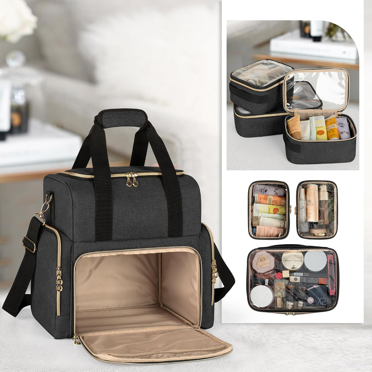 Large Travel Makeup Bag with 3 Removable Cases, Cosmetic Bag with Detachable Dividers (Patent Pending), Gray
