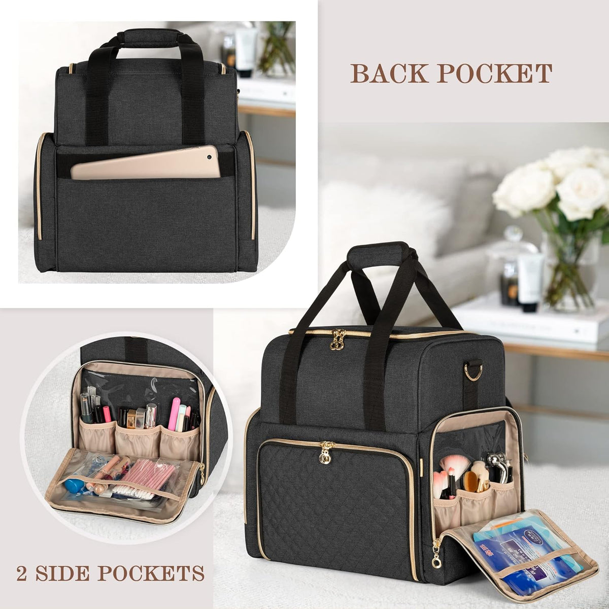 Large Travel Makeup Bag with 3 Removable Cases, Cosmetic Bag with Detachable Dividers (Patent Pending), Gray