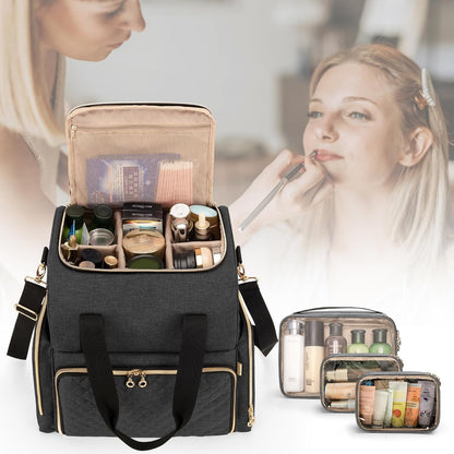 Large Travel Makeup Bag with 3 Removable Cases, Cosmetic Bag with Detachable Dividers (Patent Pending), Gray