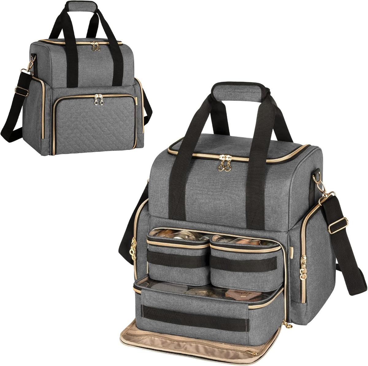 Large Travel Makeup Bag with 3 Removable Cases, Cosmetic Bag with Detachable Dividers (Patent Pending), Gray