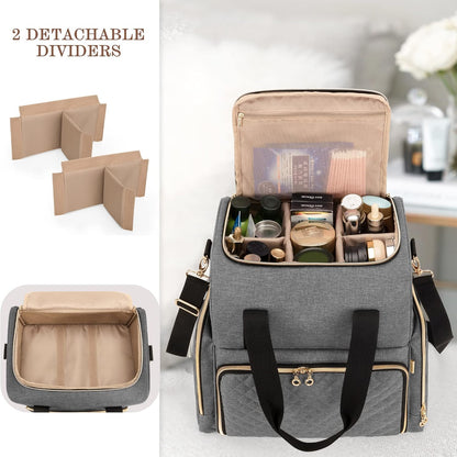Large Travel Makeup Bag with 3 Removable Cases, Cosmetic Bag with Detachable Dividers (Patent Pending), Gray