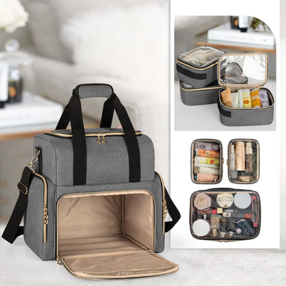 Large Travel Makeup Bag with 3 Removable Cases, Cosmetic Bag with Detachable Dividers (Patent Pending), Gray