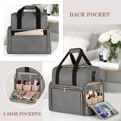 Large Travel Makeup Bag with 3 Removable Cases, Cosmetic Bag with Detachable Dividers (Patent Pending), Gray