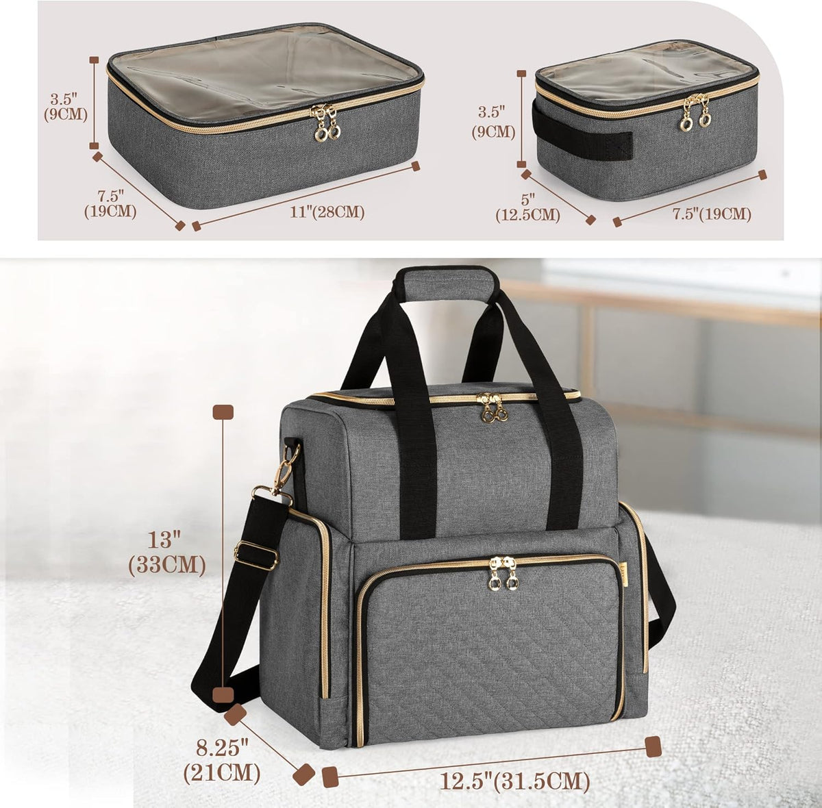 Large Travel Makeup Bag with 3 Removable Cases, Cosmetic Bag with Detachable Dividers (Patent Pending), Gray