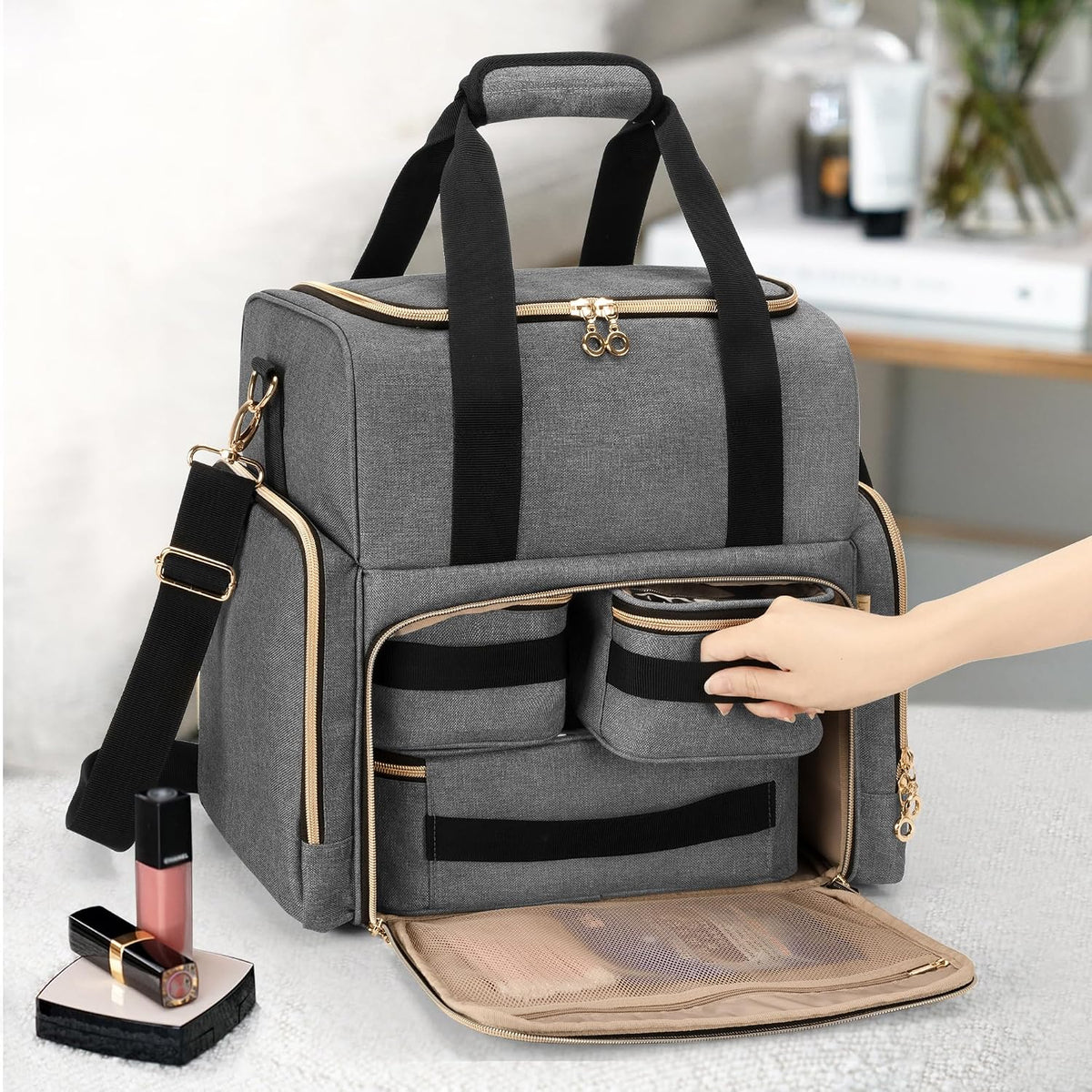 Large Travel Makeup Bag with 3 Removable Cases, Cosmetic Bag with Detachable Dividers (Patent Pending), Gray