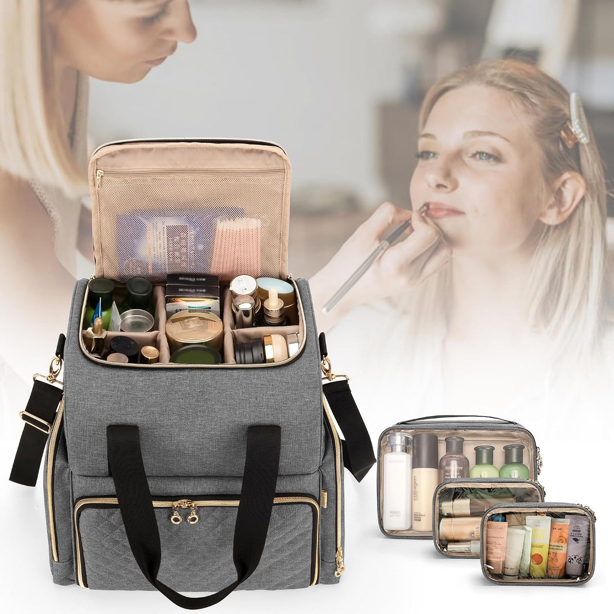 Large Travel Makeup Bag with 3 Removable Cases, Cosmetic Bag with Detachable Dividers (Patent Pending), Gray
