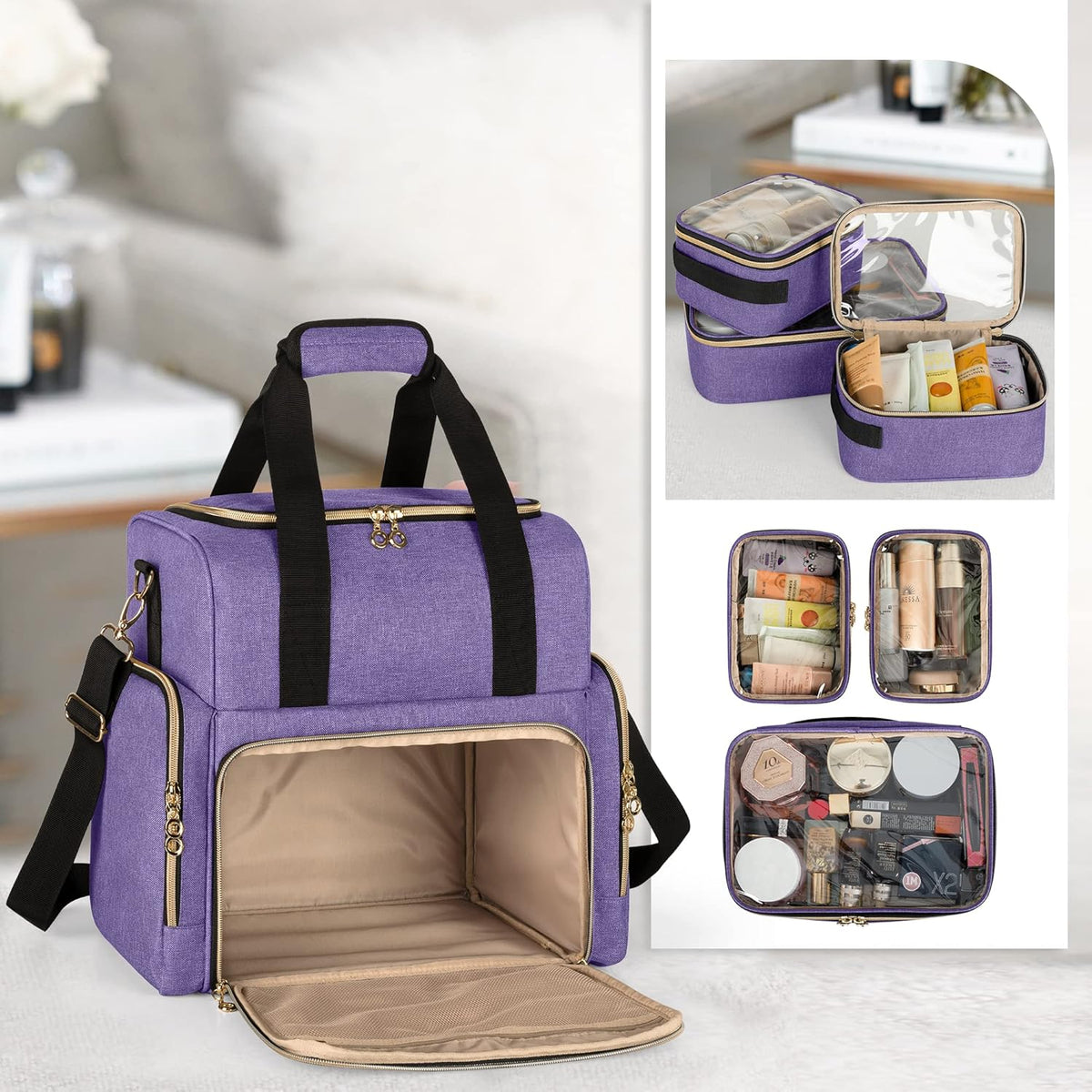 Large Travel Makeup Bag with 3 Removable Cases, Cosmetic Bag with Detachable Dividers (Patent Pending), Gray