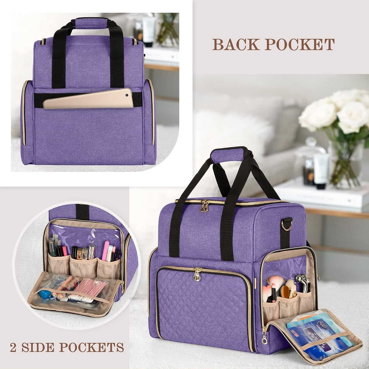 Large Travel Makeup Bag with 3 Removable Cases, Cosmetic Bag with Detachable Dividers (Patent Pending), Gray
