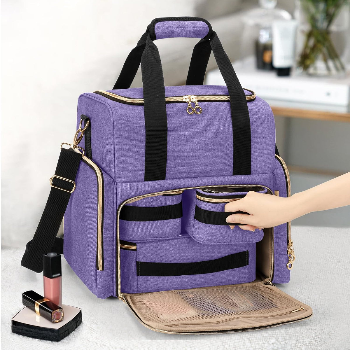 Large Travel Makeup Bag with 3 Removable Cases, Cosmetic Bag with Detachable Dividers (Patent Pending), Gray