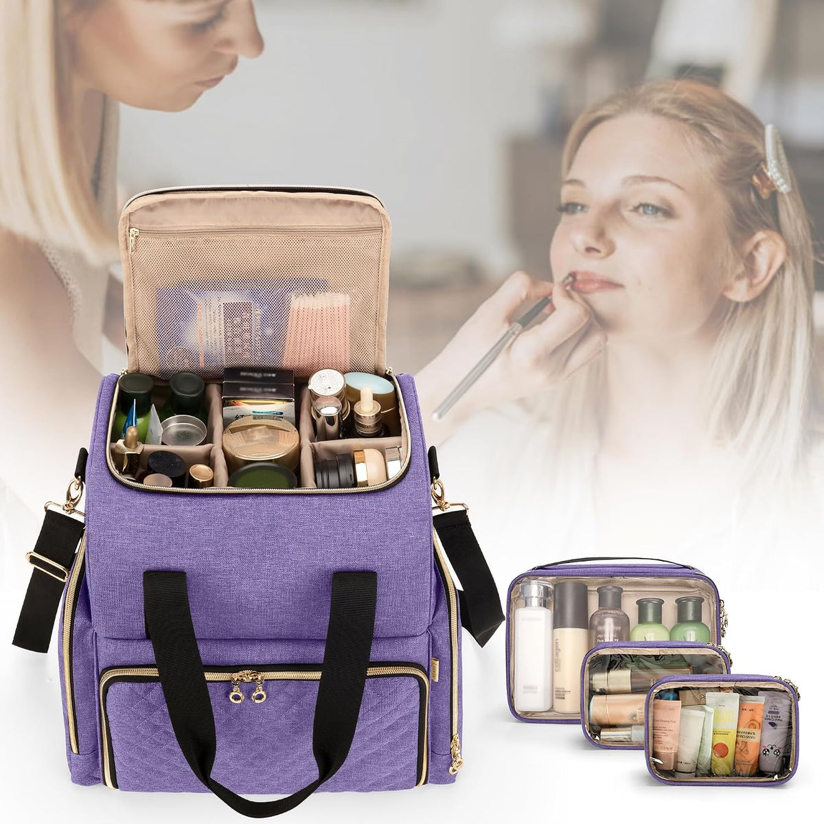 Large Travel Makeup Bag with 3 Removable Cases, Cosmetic Bag with Detachable Dividers (Patent Pending), Gray