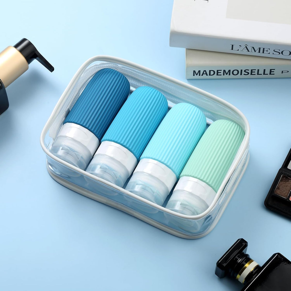 Travel Bottles for Toiletries, Tsa Approved 3oz Portable Travel Bottles, BPA Free Leak Proof Squeezable Silicone Travel Size Containers, Travel Accessories with Clear Toiletry Bag (4 Pack)