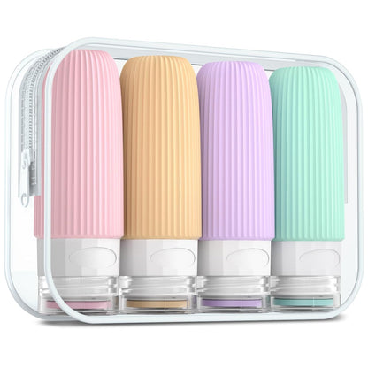 Travel Bottles for Toiletries, Tsa Approved 3oz Portable Travel Bottles, BPA Free Leak Proof Squeezable Silicone Travel Size Containers, Travel Accessories with Clear Toiletry Bag (4 Pack)