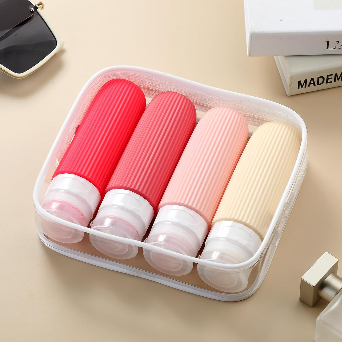 Travel Bottles for Toiletries, Tsa Approved 3oz Portable Travel Bottles, BPA Free Leak Proof Squeezable Silicone Travel Size Containers, Travel Accessories with Clear Toiletry Bag (4 Pack)