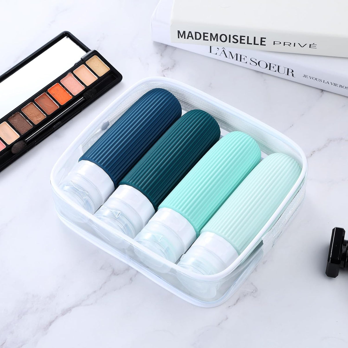 Travel Bottles for Toiletries, Tsa Approved 3oz Portable Travel Bottles, BPA Free Leak Proof Squeezable Silicone Travel Size Containers, Travel Accessories with Clear Toiletry Bag (4 Pack)