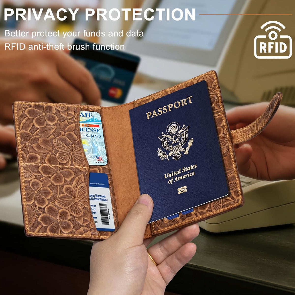 Genuine Leather Passport Holder for Women Men, Brown | RFID Blocking, Slim Travel Wallet, For Women Men