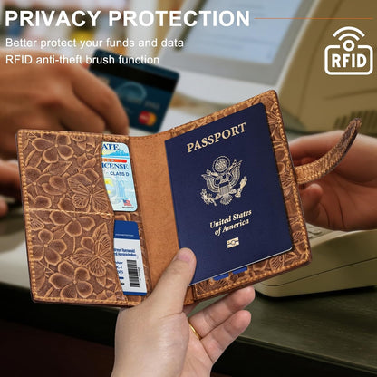 Genuine Leather Passport Holder for Women Men, Brown | RFID Blocking, Slim Travel Wallet, For Women Men