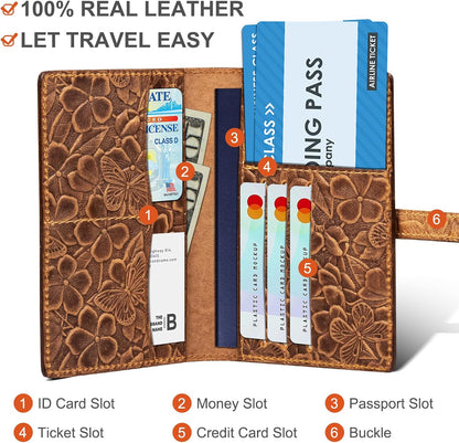 Genuine Leather Passport Holder for Women Men, Brown | RFID Blocking, Slim Travel Wallet, For Women Men
