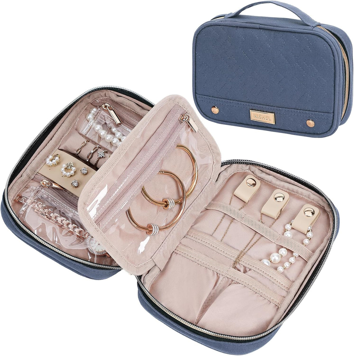 Travel Jewelry Case Organizer, Compact Jewelry Storage Bag for Necklaces, Earrings, Rings, Bracelets and Watch, Portable Jewelry Holder for Trip, Vacation, Daily Use, Pink