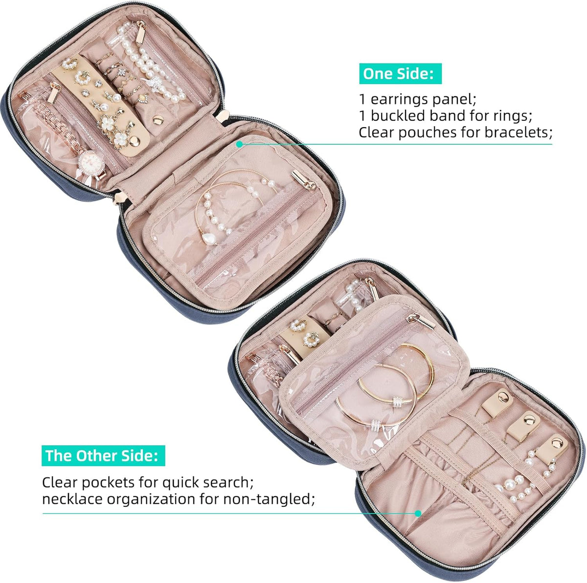 Travel Jewelry Case Organizer, Compact Jewelry Storage Bag for Necklaces, Earrings, Rings, Bracelets and Watch, Portable Jewelry Holder for Trip, Vacation, Daily Use, Pink