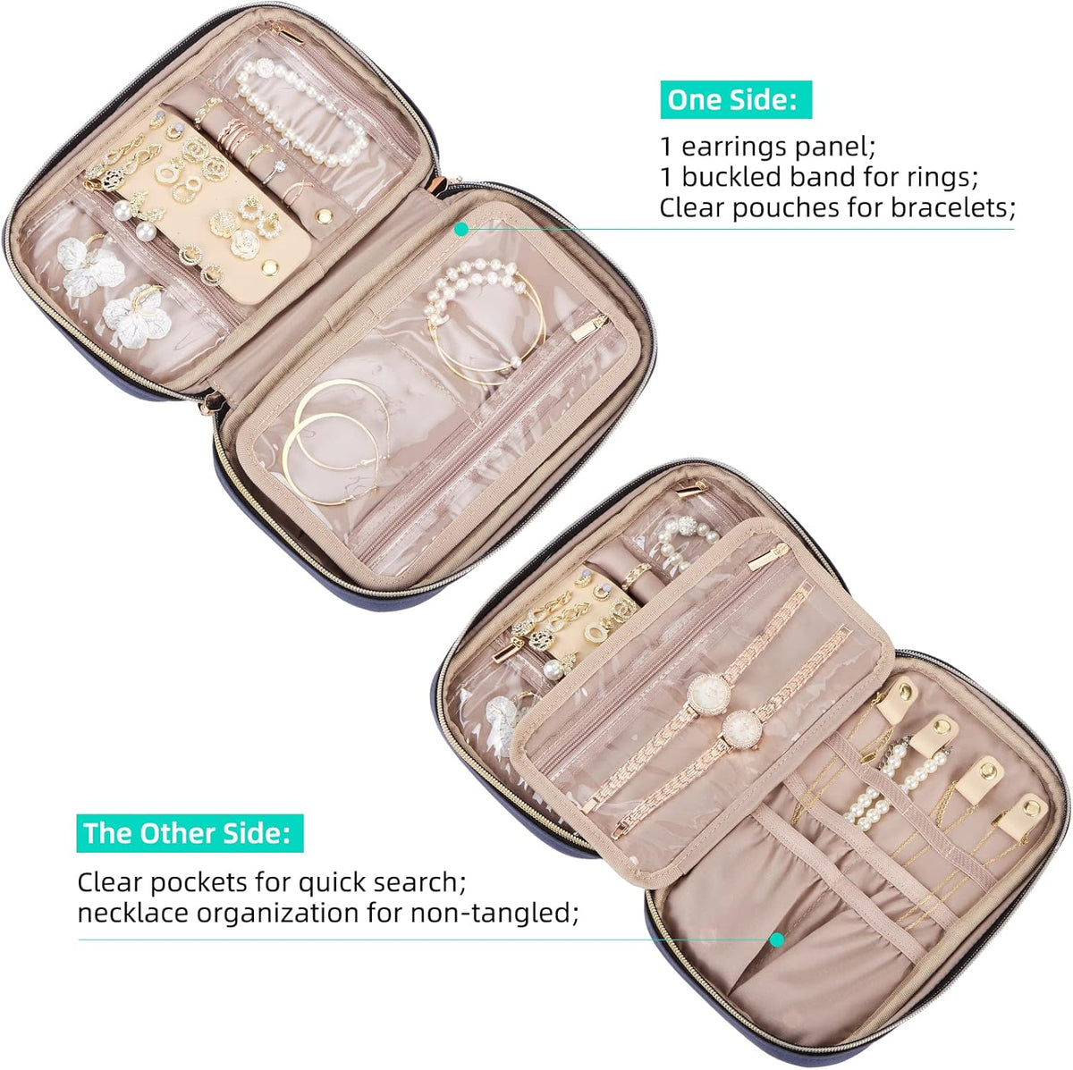 Travel Jewelry Case Organizer, Compact Jewelry Storage Bag for Necklaces, Earrings, Rings, Bracelets and Watch, Portable Jewelry Holder for Trip, Vacation, Daily Use, Pink