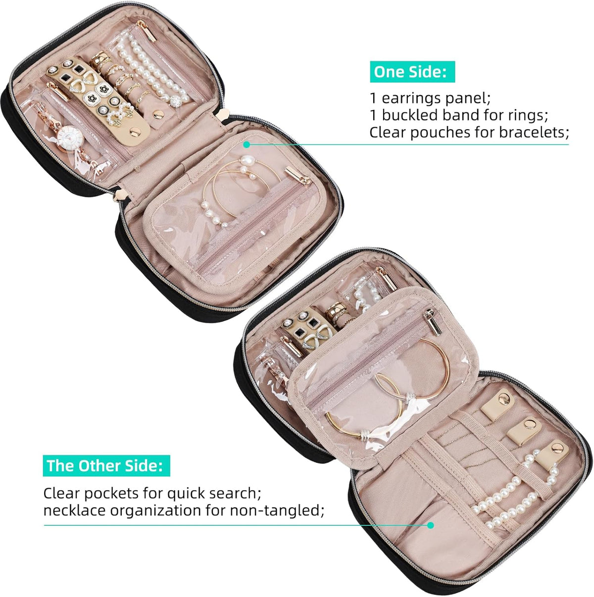 Travel Jewelry Case Organizer, Compact Jewelry Storage Bag for Necklaces, Earrings, Rings, Bracelets and Watch, Portable Jewelry Holder for Trip, Vacation, Daily Use, Pink