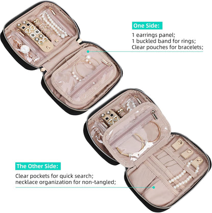 Travel Jewelry Case Organizer, Compact Jewelry Storage Bag for Necklaces, Earrings, Rings, Bracelets and Watch, Portable Jewelry Holder for Trip, Vacation, Daily Use, Pink