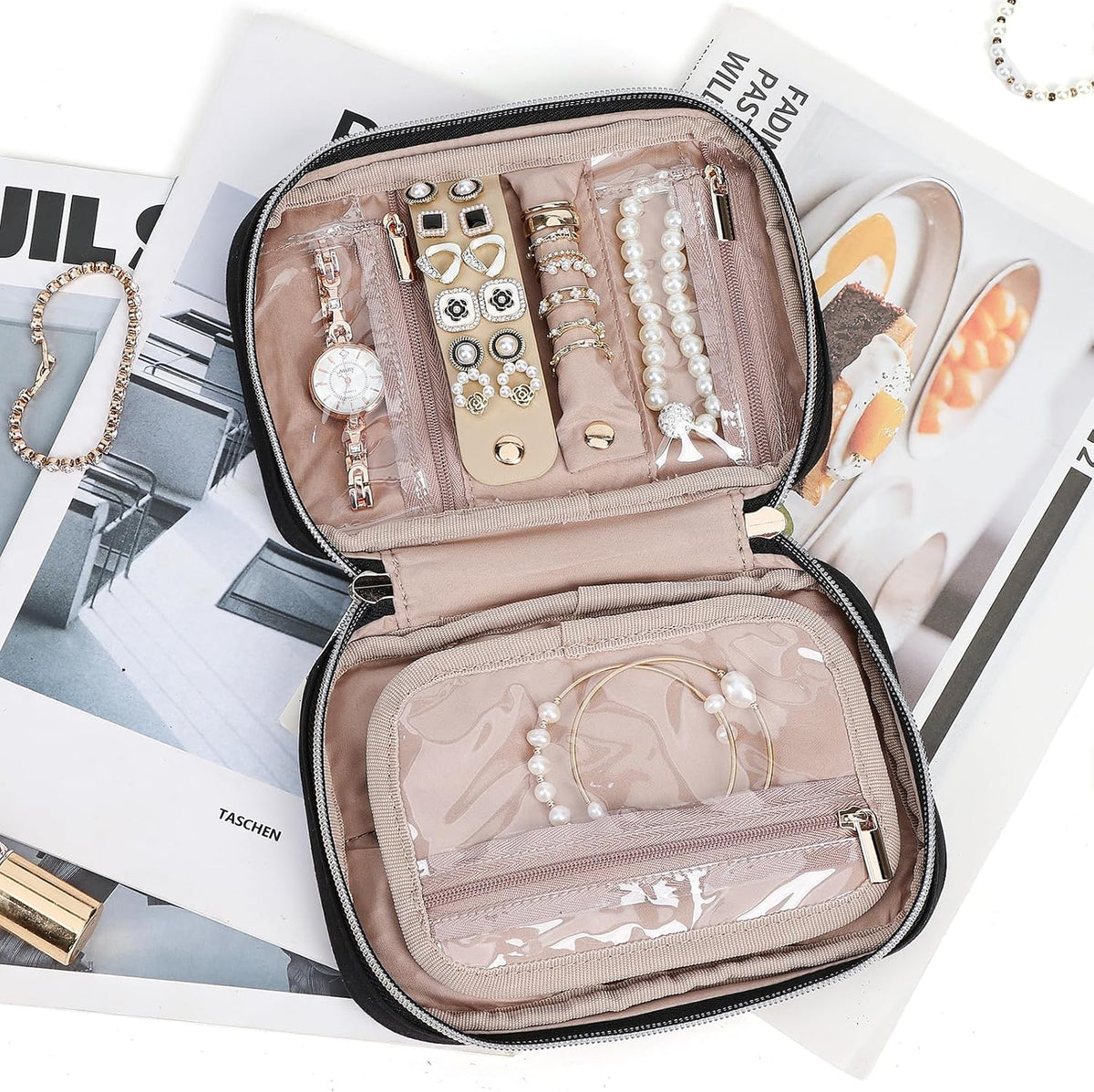 Travel Jewelry Case Organizer, Compact Jewelry Storage Bag for Necklaces, Earrings, Rings, Bracelets and Watch, Portable Jewelry Holder for Trip, Vacation, Daily Use, Pink